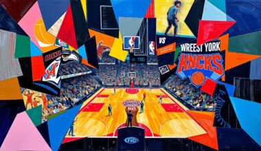 A fragmented, geometric painting in vibrant colors representing a basketball game between the Atlanta Hawks and New York Knicks, with sharp, overlapping shapes and planes that deconstruct the action on the court.