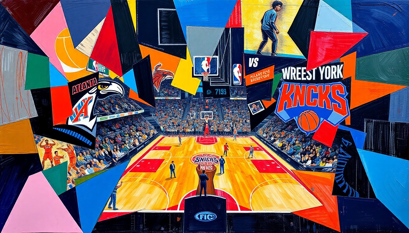 A fragmented, geometric painting in vibrant colors representing a basketball game between the Atlanta Hawks and New York Knicks, with sharp, overlapping shapes and planes that deconstruct the action on the court.