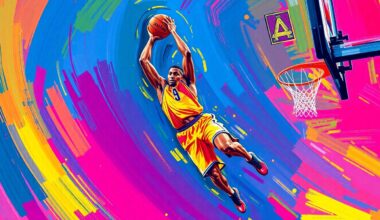An abstract, expressionist painting in neon colors depicting the dynamic movement and energy of a basketball player driving to the hoop, with faces and details dissolved into unrecognizable splatters of paint.