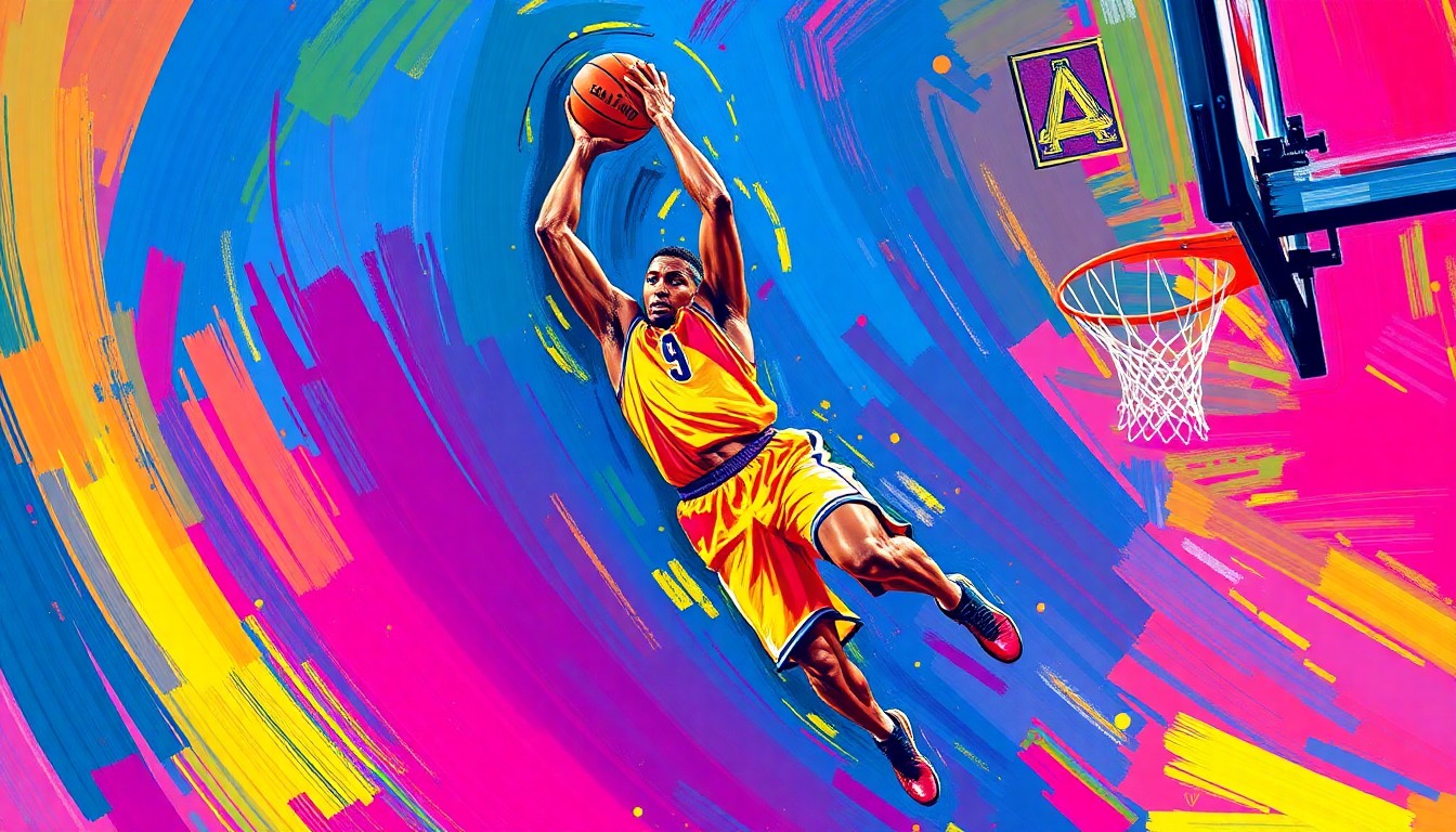 An abstract, expressionist painting in neon colors depicting the dynamic movement and energy of a basketball player driving to the hoop, with faces and details dissolved into unrecognizable splatters of paint.