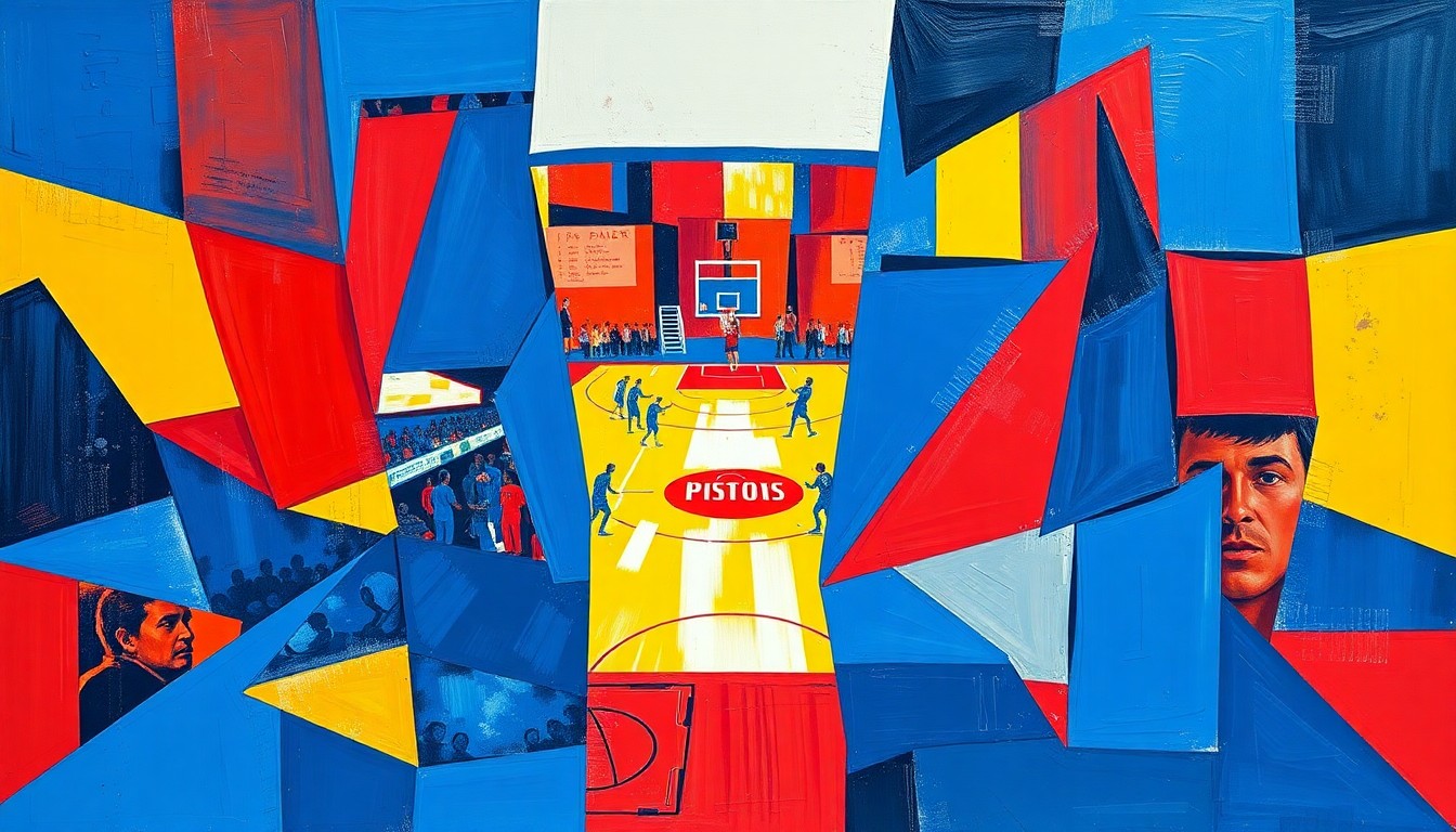A fractured, cubist-style painting depicting overlapping geometric shapes and planes in shades of blue, red, and yellow, conceptually representing the dynamic energy and multi-faceted approach of the Detroit Pistons as they rebuild towards NBA Playoff contention.