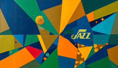 A cubist-style painting featuring overlapping geometric shapes and planes in navy, green, and orange hues, conceptually representing the fragmented and disjointed seasons of the New Orleans Pelicans and Utah Jazz.