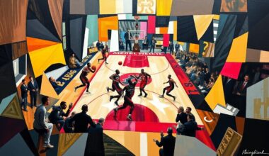 A cubist, geometric painting depicting the dynamic movements and energy of a basketball game between the Toronto Raptors and Miami Heat, with overlapping planes of color and shape representing the action on the court.