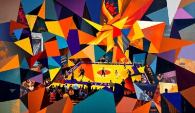 A cubist, geometric painting depicting the dynamic movements and energy of a basketball game, with sharp, overlapping planes of bright orange, purple, and teal colors representing the Phoenix Suns and their opponent.
