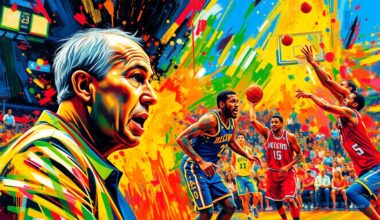 An abstract, expressionist painting in neon colors depicting the frenetic energy and movement of a professional basketball game, with the coach