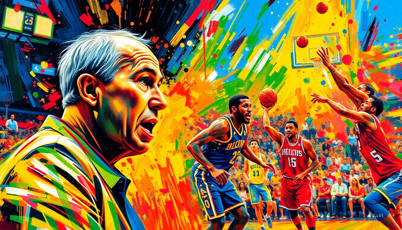 An abstract, expressionist painting in neon colors depicting the frenetic energy and movement of a professional basketball game, with the coach