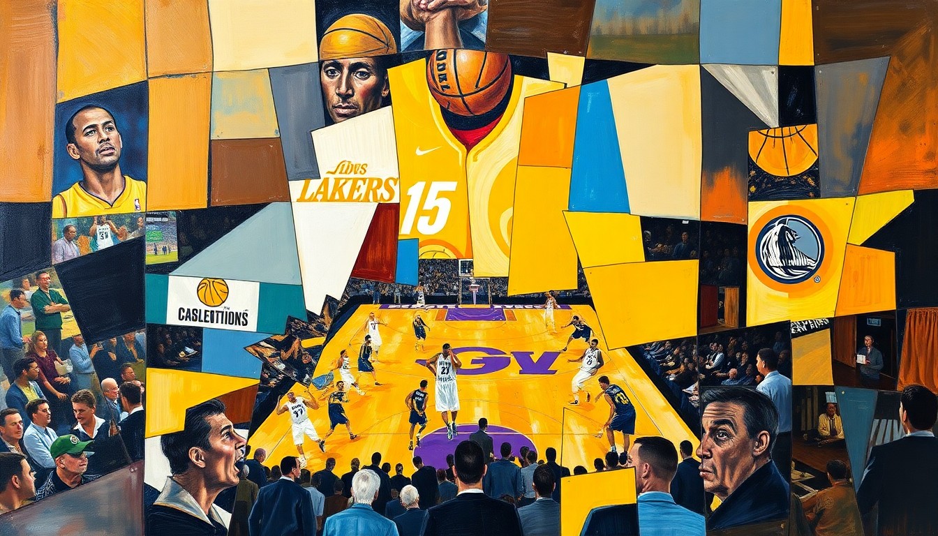 A fragmented, geometric painting depicting a basketball game, with sharp planes of color and form representing the dynamic action on the court.