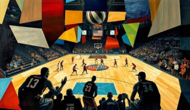 A cubist, geometric painting depicting a basketball game in progress, with the players