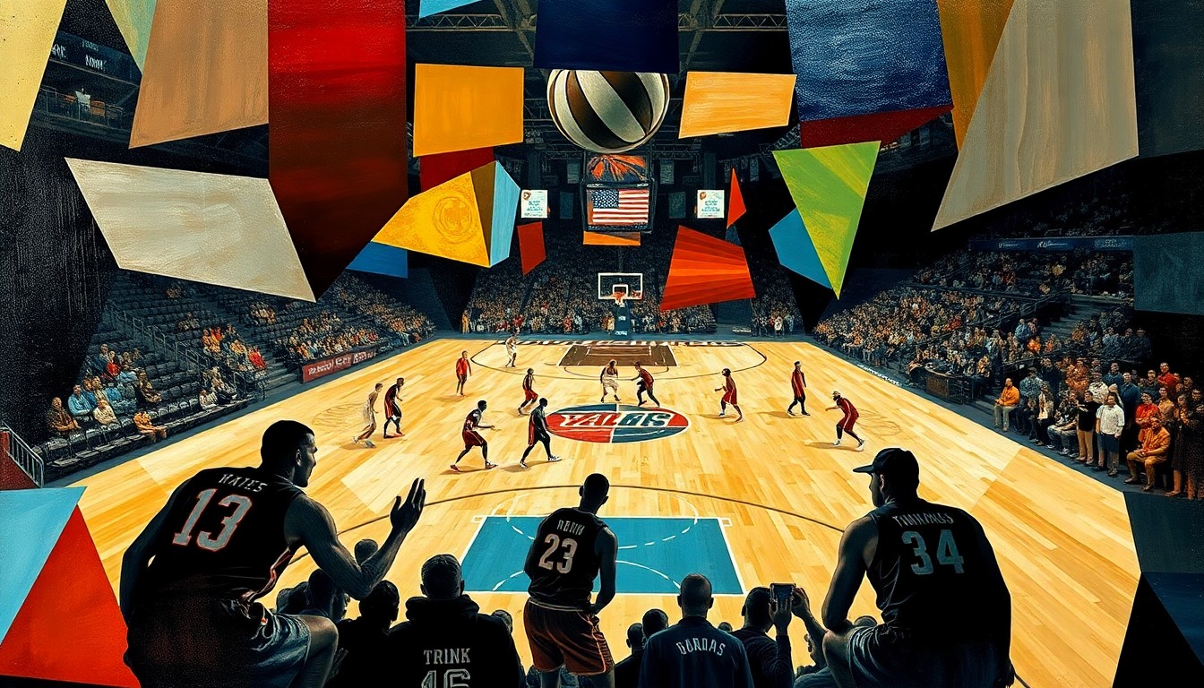 A cubist, geometric painting depicting a basketball game in progress, with the players