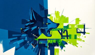 A fragmented, geometric painting depicting a Timberwolves basketball game, with sharp planes of navy blue, lime green, and white overlapping to create a sense of motion and disunity.