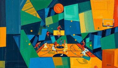 A cubist, geometric painting depicting a basketball game, with overlapping planes of navy blue, hunter green, and burnt orange representing the action on the court.