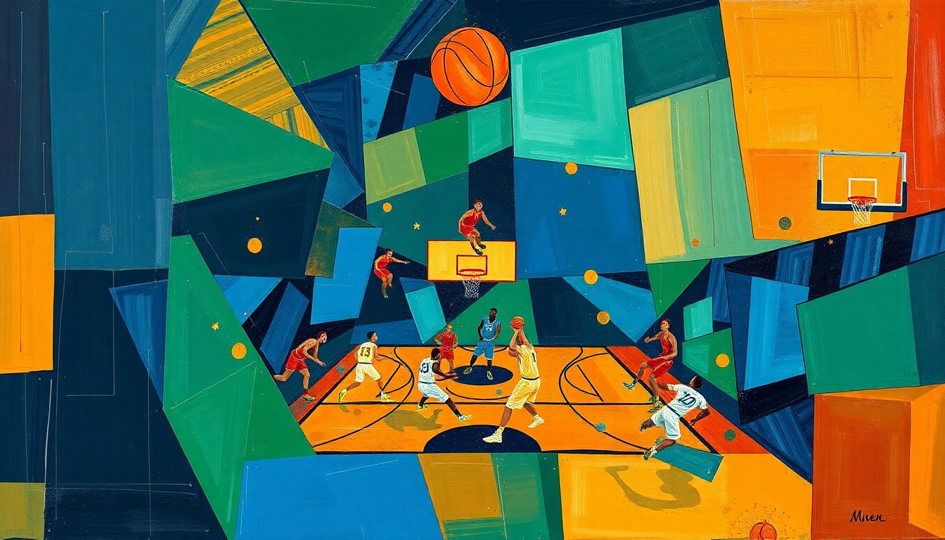 A cubist, geometric painting depicting a basketball game, with overlapping planes of navy blue, hunter green, and burnt orange representing the action on the court.