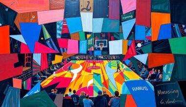 A fragmented, geometric painting depicting a basketball game, with overlapping planes of orange, blue, and red representing the Knicks and Hawks players and court. The visual style captures the energy and movement of the game in an abstract, conceptual manner.