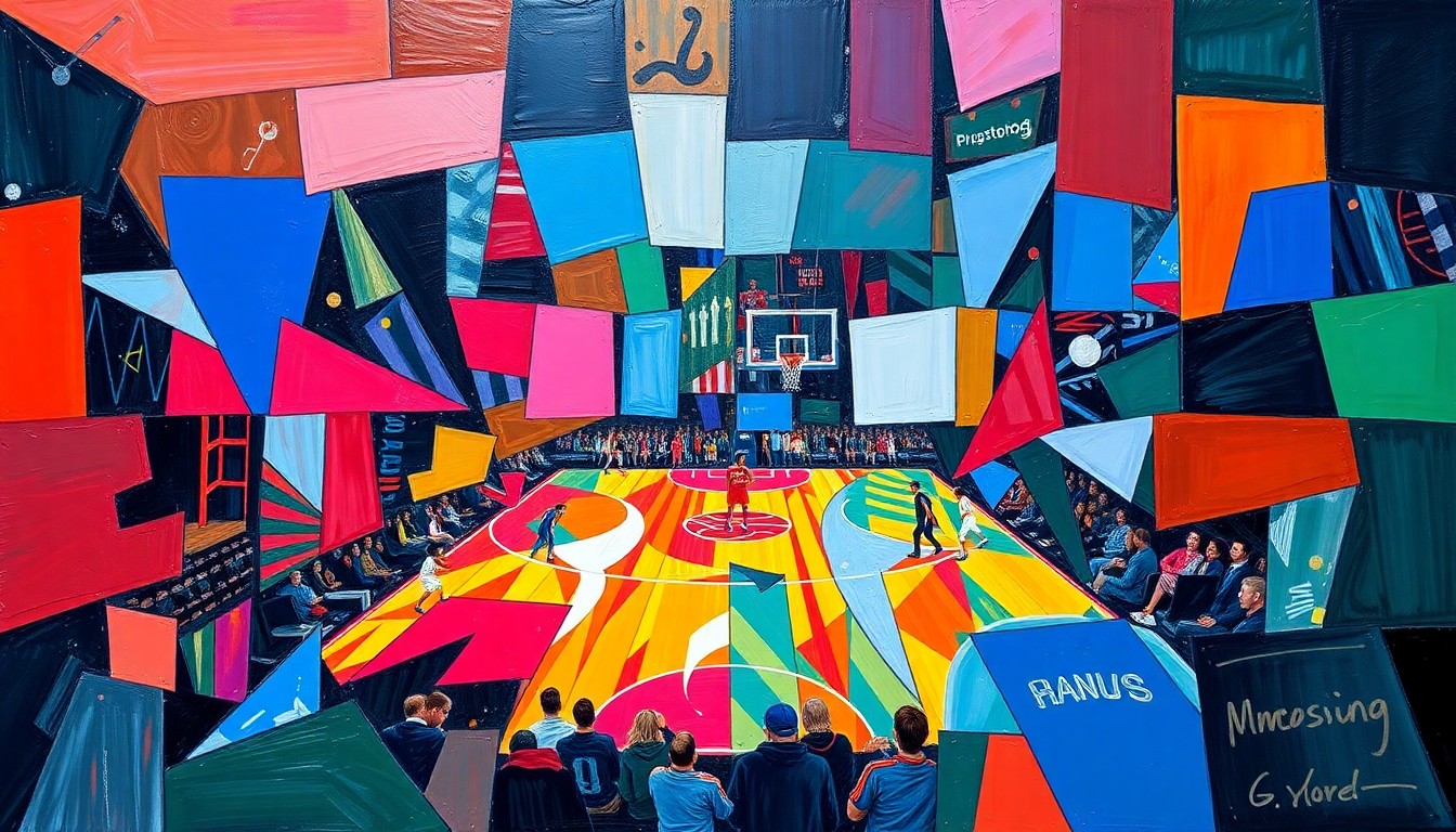 A fragmented, geometric painting depicting a basketball game, with overlapping planes of orange, blue, and red representing the Knicks and Hawks players and court. The visual style captures the energy and movement of the game in an abstract, conceptual manner.