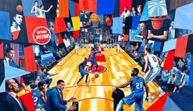 A cubist, geometric painting depicting a basketball game between the Detroit Pistons and Orlando Magic, with the players and court broken down into sharp, overlapping planes of vibrant blue, red, and white colors.