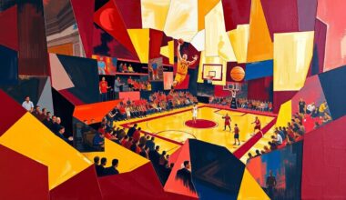 A cubist, geometric painting in shades of red and gold, representing the energy and dynamics of a basketball game, without any recognizable figures or text.