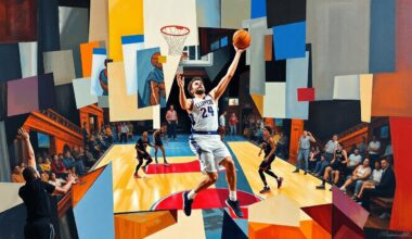 A fragmented, geometric painting depicting the action of a basketball game, with the player