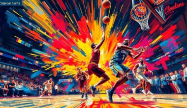 A dynamic, colorful painting featuring overlapping, expressive brushstrokes that capture the intensity and movement of a basketball game, conveying the energy and excitement of the Cavaliers