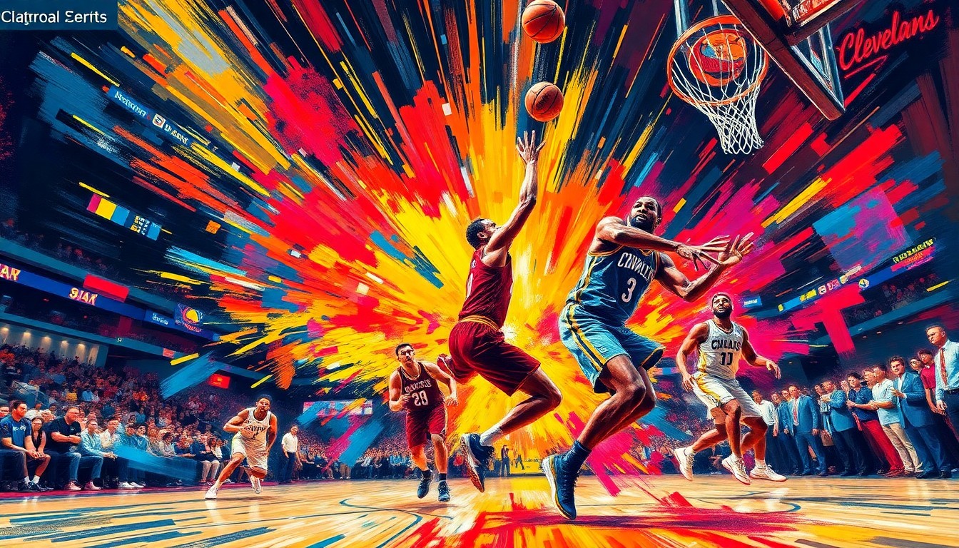 A dynamic, colorful painting featuring overlapping, expressive brushstrokes that capture the intensity and movement of a basketball game, conveying the energy and excitement of the Cavaliers
