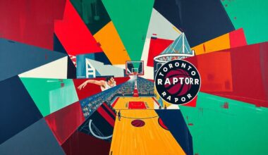 A cubist, geometric painting depicting a basketball game between the Miami Heat and Toronto Raptors, with the players and court broken down into sharp, overlapping planes of color.