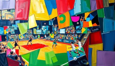 A cubist, geometric painting depicting fragmented scenes of a basketball game, baseball match, and soccer match, using vibrant colors to represent the teams mentioned in the story.