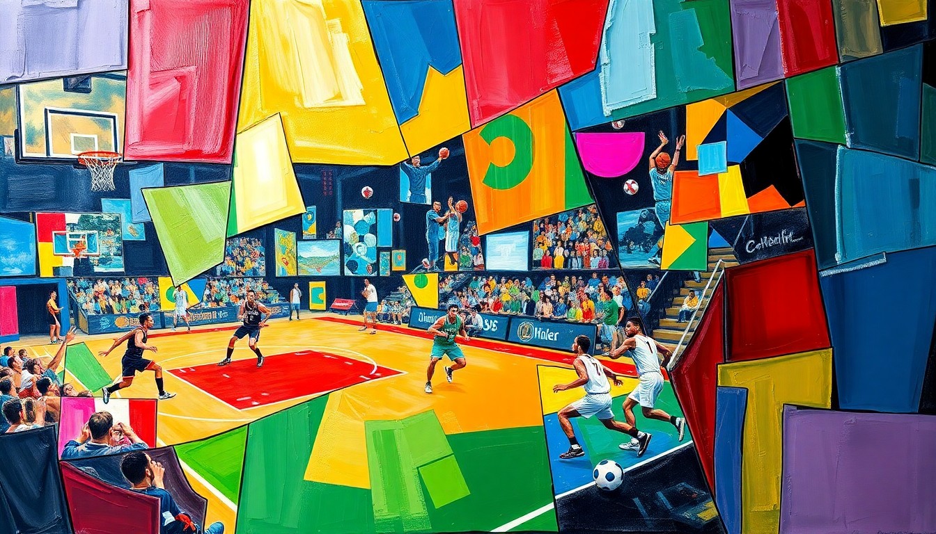 A cubist, geometric painting depicting fragmented scenes of a basketball game, baseball match, and soccer match, using vibrant colors to represent the teams mentioned in the story.