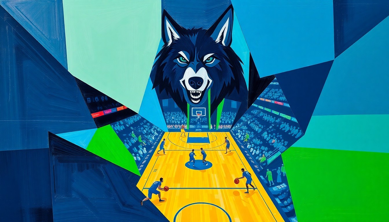 A cubist, geometric painting depicting a fragmented, multi-angled view of a Timberwolves basketball game, with the players and court broken down into sharp, overlapping planes of vibrant blue and green hues.