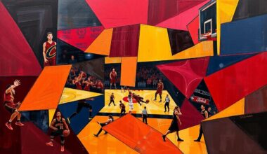 A cubist, geometric painting depicting a Cavaliers basketball game, with overlapping planes of wine red, navy blue, and gold capturing the dynamic energy of the sport.