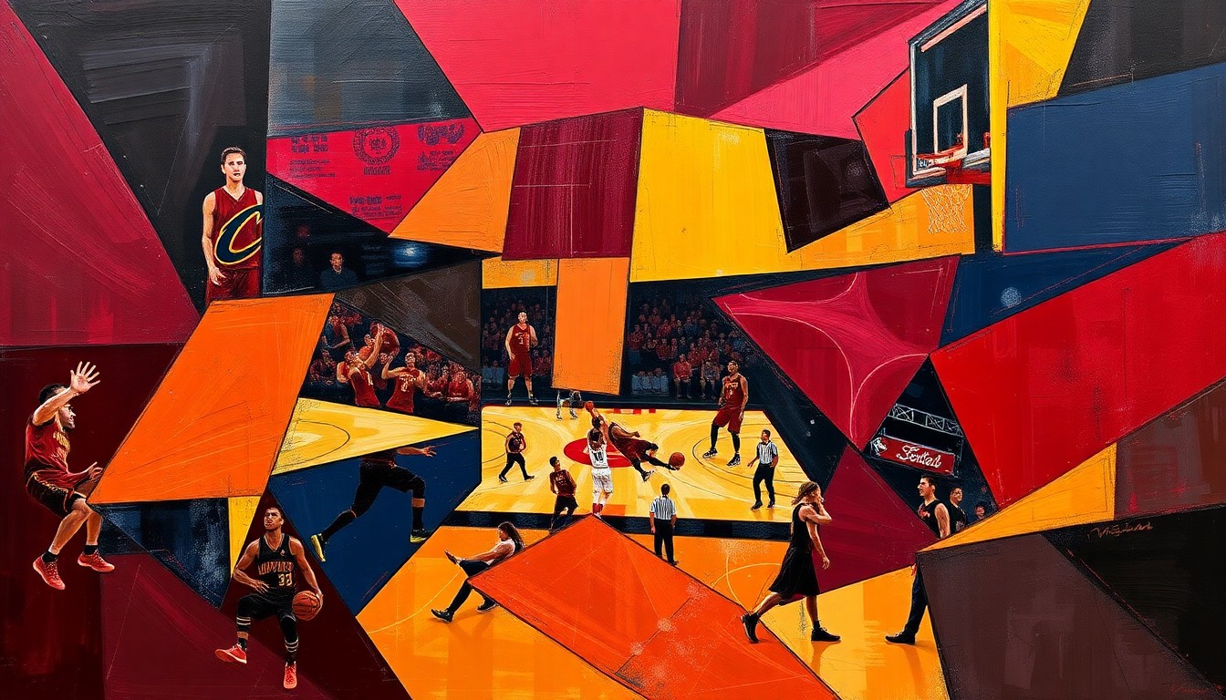 A cubist, geometric painting depicting a Cavaliers basketball game, with overlapping planes of wine red, navy blue, and gold capturing the dynamic energy of the sport.