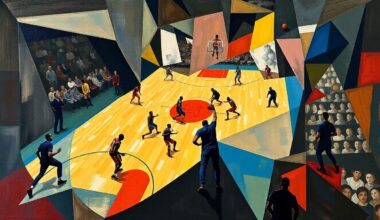 A cubist, geometric painting depicting a basketball game, with the players and court broken down into sharp, overlapping shapes and planes, conveying the intensity and dynamics of the game.