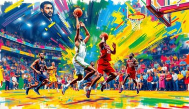 An abstract, energetic painting in neon colors depicting the dynamic movements and scoring plays of basketball players on a court.
