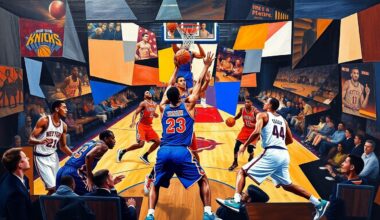 A cubist-style painting depicting the intense action of a basketball game, with players