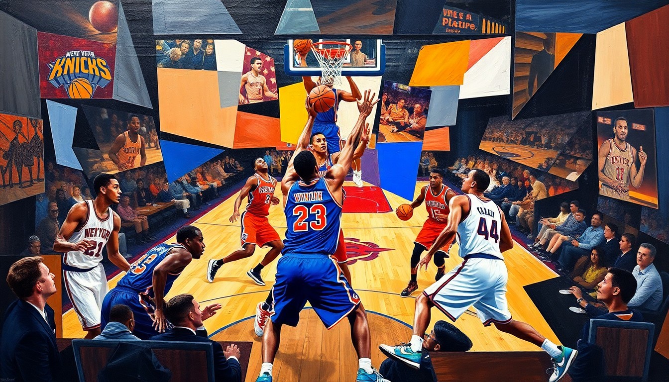 A cubist-style painting depicting the intense action of a basketball game, with players
