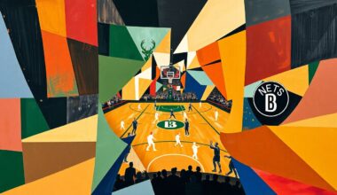 A cubist-style painting depicting a basketball game between the Milwaukee Bucks and Brooklyn Nets, with the players and court broken down into sharp, overlapping geometric shapes and planes of color, conveying the competitive energy of the matchup.