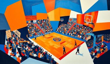 A cubist, geometric painting depicting a Knicks basketball game, with sharp, overlapping planes of orange, blue, and white representing the players and action on the court.