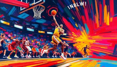An abstract, expressionist painting in neon colors depicting the fast-paced action and energy of a high-scoring NBA basketball game.