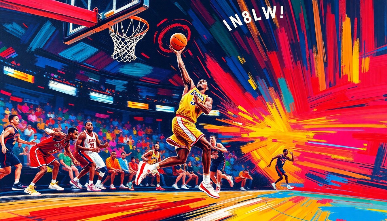 An abstract, expressionist painting in neon colors depicting the fast-paced action and energy of a high-scoring NBA basketball game.