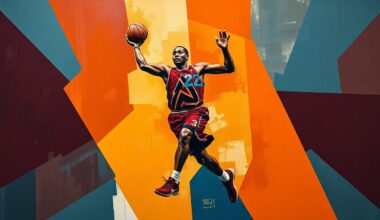 A fragmented, cubist-style painting depicting a basketball player in mid-motion, with their body and movements broken down into sharp, overlapping geometric shapes and planes in a rich color palette, conveying the dynamic energy and tension of the game.