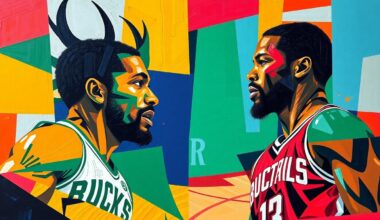 A fractured, cubist-style painting depicting a basketball game between two players, their bodies and movements broken down into sharp, overlapping geometric shapes and planes in vibrant colors.