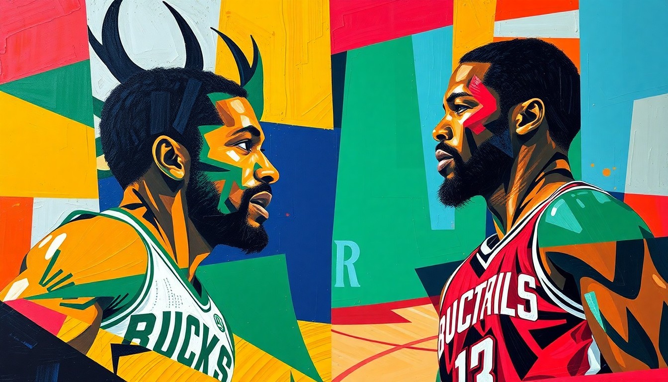 A fractured, cubist-style painting depicting a basketball game between two players, their bodies and movements broken down into sharp, overlapping geometric shapes and planes in vibrant colors.