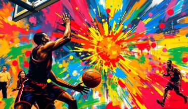An abstract, energetic painting featuring bold brushstrokes and neon colors that capture the intensity of a basketball game, with players