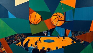 A cubist, geometric painting depicting a basketball game broken down into sharp, overlapping planes of color, capturing the energy and movement of the sport.