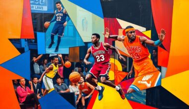 A cubist, geometric painting depicting a basketball game, with the figure of Nickeil Alexander-Walker emerging from the abstract shapes and colors of the court and players.