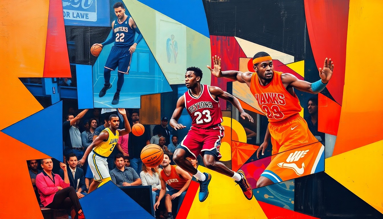 A cubist, geometric painting depicting a basketball game, with the figure of Nickeil Alexander-Walker emerging from the abstract shapes and colors of the court and players.