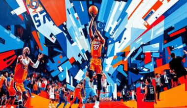 A fractured, multi-perspective painting in vibrant colors, breaking down the final moments of a basketball game into sharp, overlapping geometric shapes and planes, conveying the intensity and drama of the game-winning shot attempt.