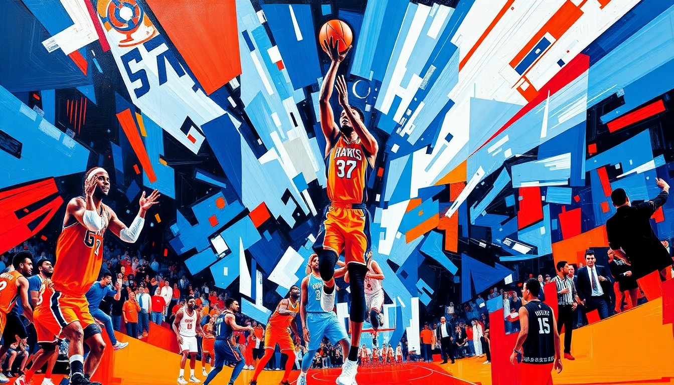 A fractured, multi-perspective painting in vibrant colors, breaking down the final moments of a basketball game into sharp, overlapping geometric shapes and planes, conveying the intensity and drama of the game-winning shot attempt.