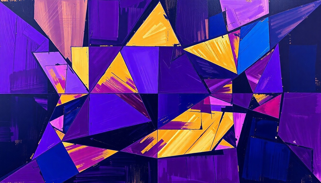 A cubist-style painting featuring overlapping geometric shapes and planes in shades of purple, blue, and gold, conceptually representing the fragmented state of the Lakers