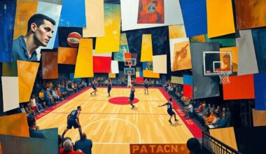 A cubist, geometric painting depicting a fragmented basketball court and players, conveying the complexity and multiple perspectives involved in officiating a close NBA game.