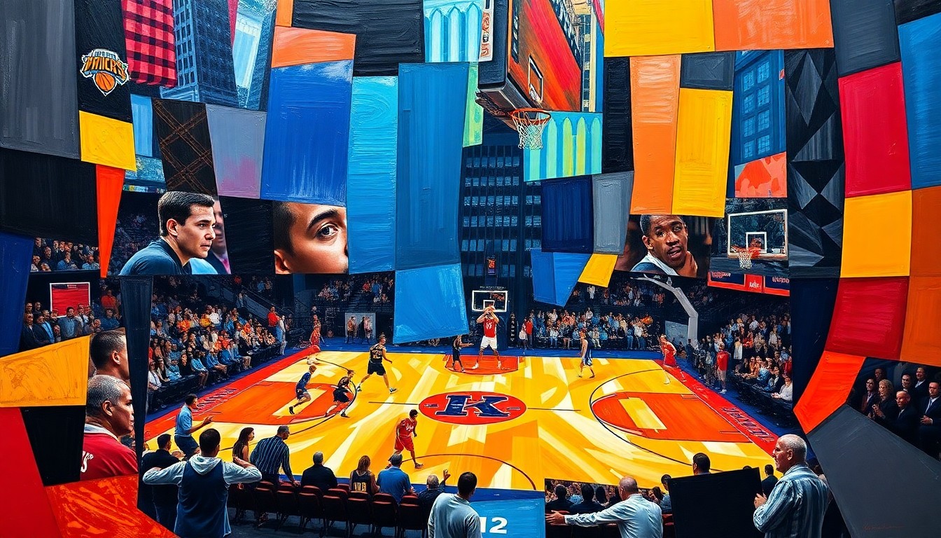 A cubist, geometric painting depicting a basketball game or match, with sharp, overlapping planes of color representing the New York Knicks and Atlanta Hawks players and action on the court.