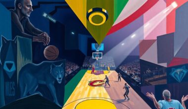 A fractured, geometric painting in bold colors captures the dynamic energy of a basketball game, with players
